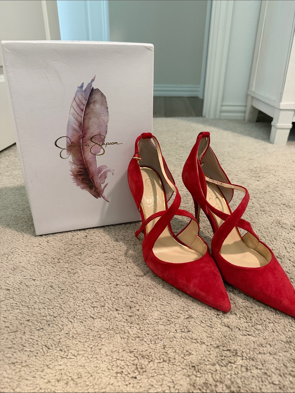 Jessica Simpson Red Suede Crisscross Pointed-Toe Pumps